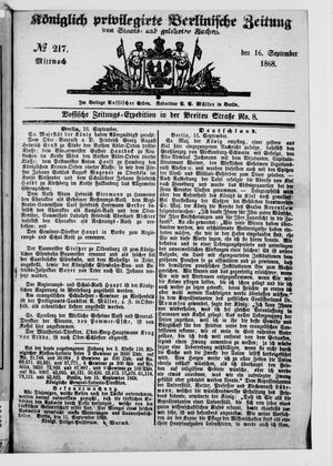 Königlich privilegirte Berlinische Zeitung von Staats- und gelehrten Sachen vom 16.09.1868