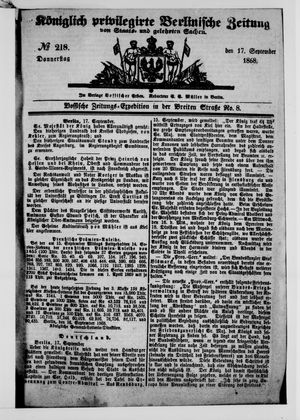Königlich privilegirte Berlinische Zeitung von Staats- und gelehrten Sachen on Sep 17, 1868