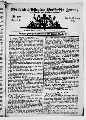 Königlich privilegirte Berlinische Zeitung von Staats- und gelehrten Sachen on Sep 19, 1868
