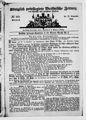 Königlich privilegirte Berlinische Zeitung von Staats- und gelehrten Sachen on Sep 23, 1868