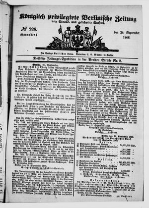 Königlich privilegirte Berlinische Zeitung von Staats- und gelehrten Sachen on Sep 26, 1868