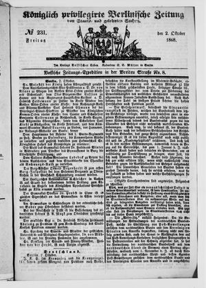 Königlich privilegirte Berlinische Zeitung von Staats- und gelehrten Sachen on Oct 2, 1868