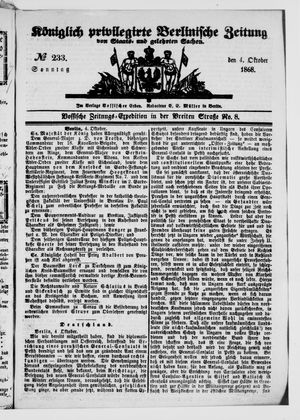 Königlich privilegirte Berlinische Zeitung von Staats- und gelehrten Sachen on Oct 4, 1868