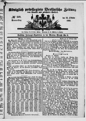 Königlich privilegirte Berlinische Zeitung von Staats- und gelehrten Sachen vom 22.10.1868