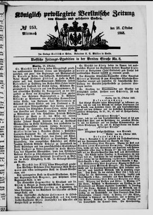 Königlich privilegirte Berlinische Zeitung von Staats- und gelehrten Sachen on Oct 28, 1868