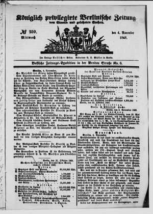 Königlich privilegirte Berlinische Zeitung von Staats- und gelehrten Sachen vom 04.11.1868