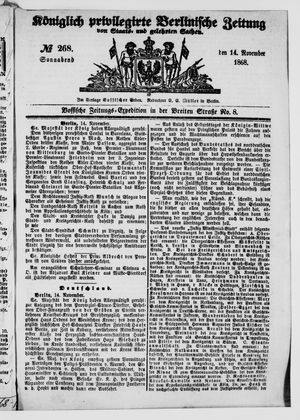 Königlich privilegirte Berlinische Zeitung von Staats- und gelehrten Sachen vom 14.11.1868