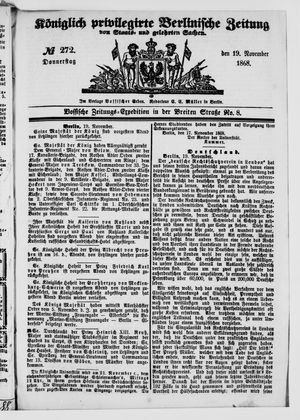 Königlich privilegirte Berlinische Zeitung von Staats- und gelehrten Sachen on Nov 19, 1868