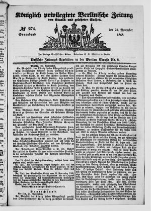 Königlich privilegirte Berlinische Zeitung von Staats- und gelehrten Sachen vom 21.11.1868