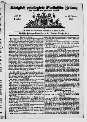 Königlich privilegirte Berlinische Zeitung von Staats- und gelehrten Sachen vom 12.01.1869