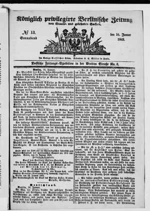 Königlich privilegirte Berlinische Zeitung von Staats- und gelehrten Sachen vom 16.01.1869