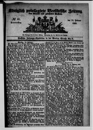 Königlich privilegirte Berlinische Zeitung von Staats- und gelehrten Sachen vom 18.02.1869