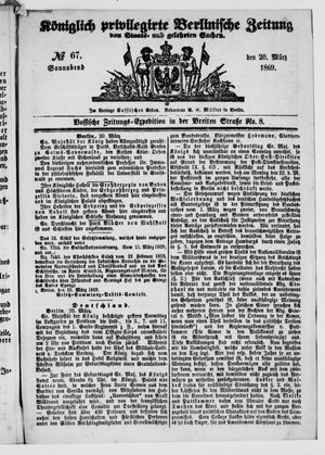 Königlich privilegirte Berlinische Zeitung von Staats- und gelehrten Sachen on Mar 20, 1869