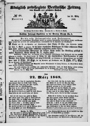 Königlich privilegirte Berlinische Zeitung von Staats- und gelehrten Sachen on Mar 21, 1869