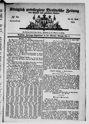 Königlich privilegirte Berlinische Zeitung von Staats- und gelehrten Sachen vom 24.04.1869
