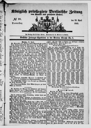 Königlich privilegirte Berlinische Zeitung von Staats- und gelehrten Sachen vom 29.04.1869
