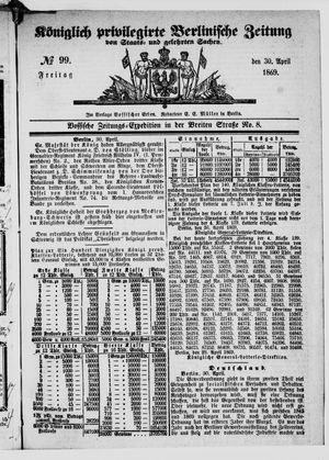 Königlich privilegirte Berlinische Zeitung von Staats- und gelehrten Sachen vom 30.04.1869