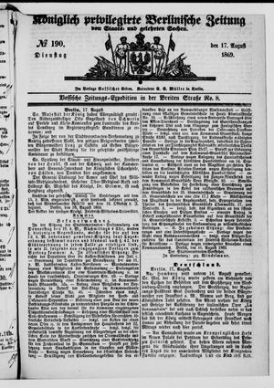 Königlich privilegirte Berlinische Zeitung von Staats- und gelehrten Sachen on Aug 17, 1869