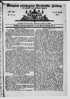 Königlich privilegirte Berlinische Zeitung von Staats- und gelehrten Sachen on Aug 20, 1869