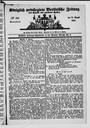 Königlich privilegirte Berlinische Zeitung von Staats- und gelehrten Sachen on Aug 21, 1869
