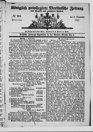 Königlich privilegirte Berlinische Zeitung von Staats- und gelehrten Sachen on Sep 3, 1869