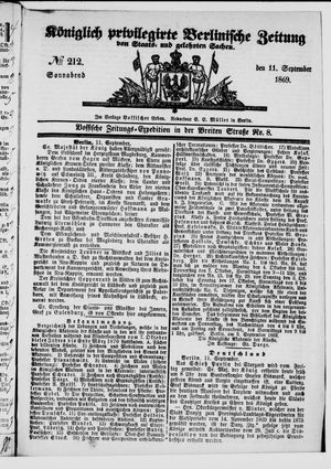 Königlich privilegirte Berlinische Zeitung von Staats- und gelehrten Sachen vom 11.09.1869