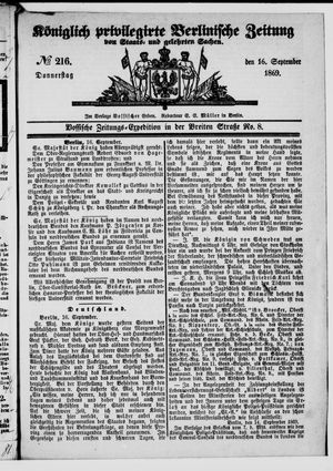 Königlich privilegirte Berlinische Zeitung von Staats- und gelehrten Sachen vom 16.09.1869