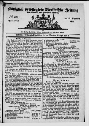 Königlich privilegirte Berlinische Zeitung von Staats- und gelehrten Sachen vom 18.09.1869
