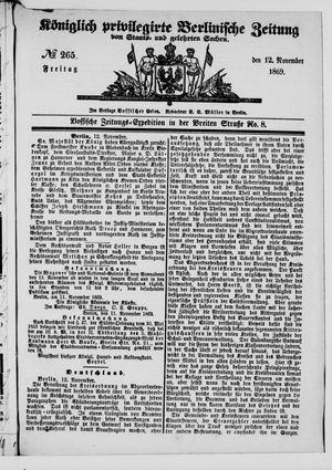 Königlich privilegirte Berlinische Zeitung von Staats- und gelehrten Sachen vom 12.11.1869
