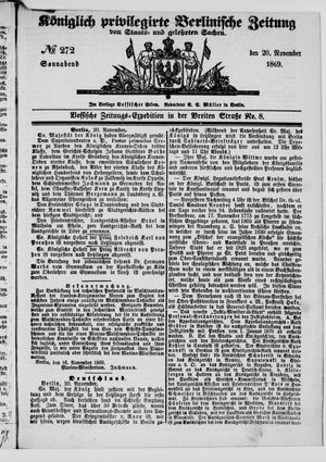Königlich privilegirte Berlinische Zeitung von Staats- und gelehrten Sachen vom 20.11.1869