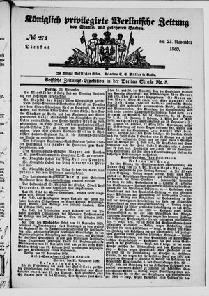 Königlich privilegirte Berlinische Zeitung von Staats- und gelehrten Sachen vom 23.11.1869