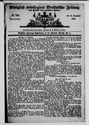 Königlich privilegirte Berlinische Zeitung von Staats- und gelehrten Sachen vom 16.12.1869
