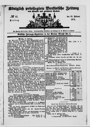Königlich privilegirte Berlinische Zeitung von Staats- und gelehrten Sachen vom 18.02.1870