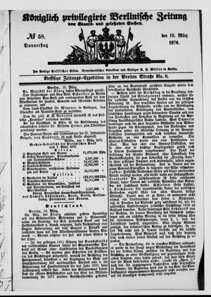 Königlich privilegirte Berlinische Zeitung von Staats- und gelehrten Sachen vom 10.03.1870