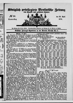 Königlich privilegirte Berlinische Zeitung von Staats- und gelehrten Sachen vom 28.04.1870