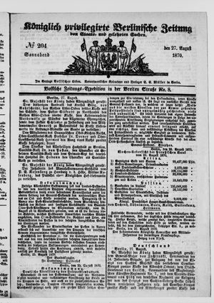 Königlich privilegirte Berlinische Zeitung von Staats- und gelehrten Sachen on Aug 27, 1870