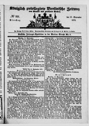 Königlich privilegirte Berlinische Zeitung von Staats- und gelehrten Sachen on Sep 13, 1870