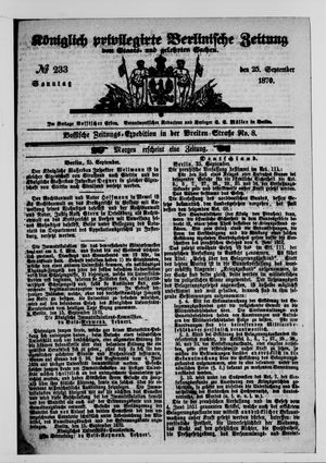 Königlich privilegirte Berlinische Zeitung von Staats- und gelehrten Sachen vom 25.09.1870
