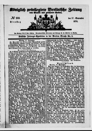 Königlich privilegirte Berlinische Zeitung von Staats- und gelehrten Sachen vom 27.09.1870