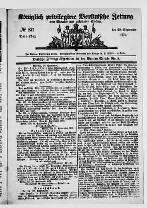 Königlich privilegirte Berlinische Zeitung von Staats- und gelehrten Sachen on Sep 29, 1870