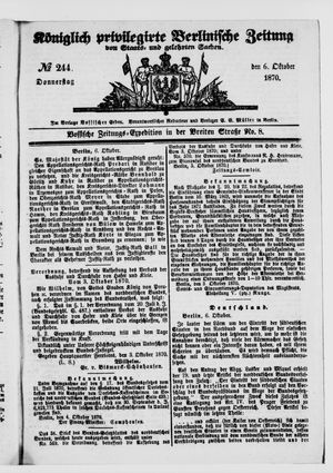 Königlich privilegirte Berlinische Zeitung von Staats- und gelehrten Sachen vom 06.10.1870