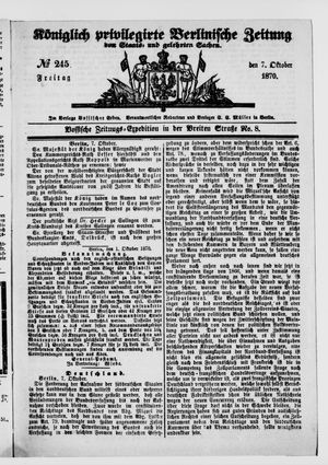 Königlich privilegirte Berlinische Zeitung von Staats- und gelehrten Sachen on Oct 7, 1870
