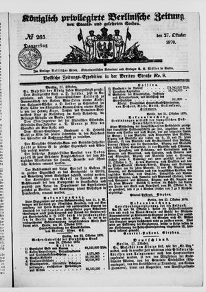 Königlich privilegirte Berlinische Zeitung von Staats- und gelehrten Sachen on Oct 27, 1870