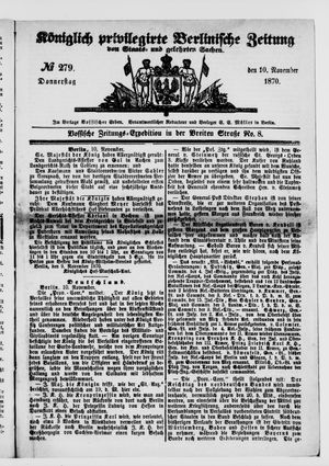 Königlich privilegirte Berlinische Zeitung von Staats- und gelehrten Sachen vom 10.11.1870