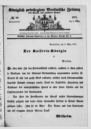 Königlich privilegirte Berlinische Zeitung von Staats- und gelehrten Sachen vom 04.03.1871