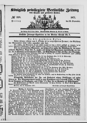 Königlich privilegirte Berlinische Zeitung von Staats- und gelehrten Sachen vom 22.09.1871