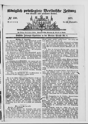 Königlich privilegirte Berlinische Zeitung von Staats- und gelehrten Sachen vom 24.09.1871