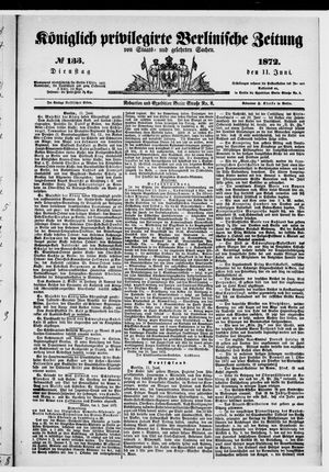 Königlich privilegirte Berlinische Zeitung von Staats- und gelehrten Sachen vom 11.06.1872