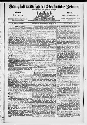 Königlich privilegirte Berlinische Zeitung von Staats- und gelehrten Sachen vom 15.09.1872