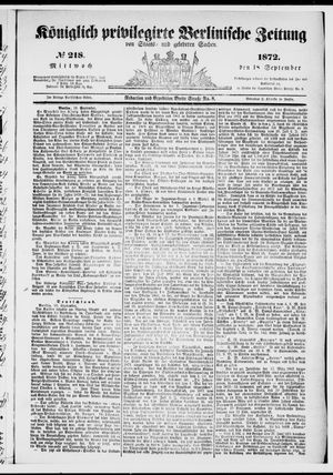 Königlich privilegirte Berlinische Zeitung von Staats- und gelehrten Sachen vom 18.09.1872